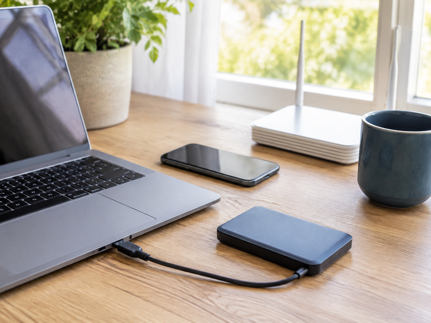 ノートパソコン、スマートフォン、Wi-Fiルーター、外付けハードディスクが置かれた机